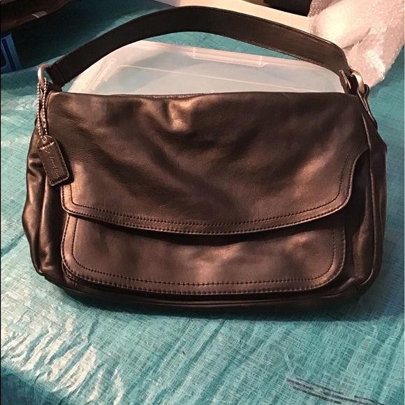 St. John's Bay Handbags - St. John’s Bay Leather Shoulder Bag with Front Pocket in Black.